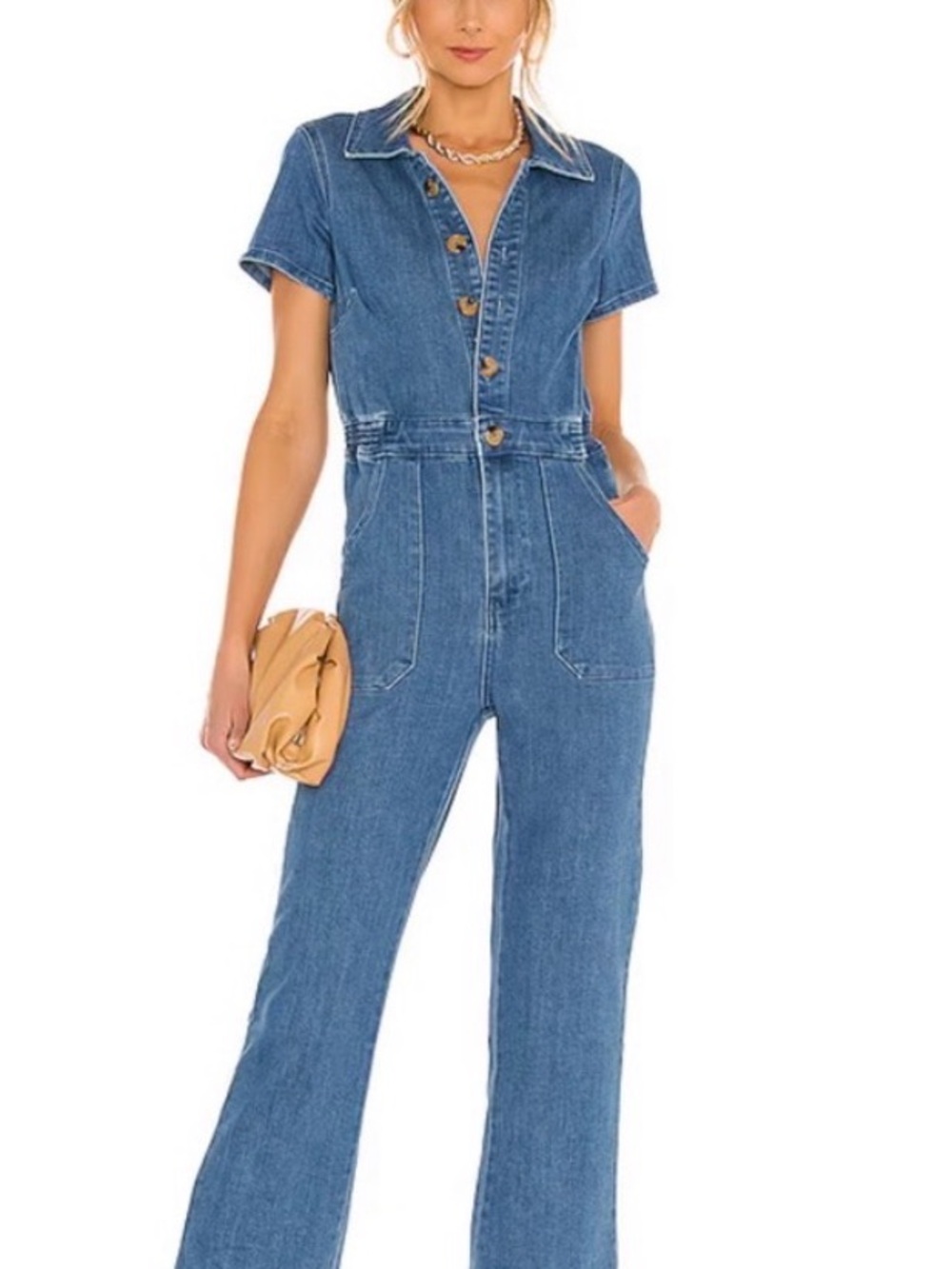 Show Me Your MuMu Blue Denim Short-Sleeve Jumpsuit